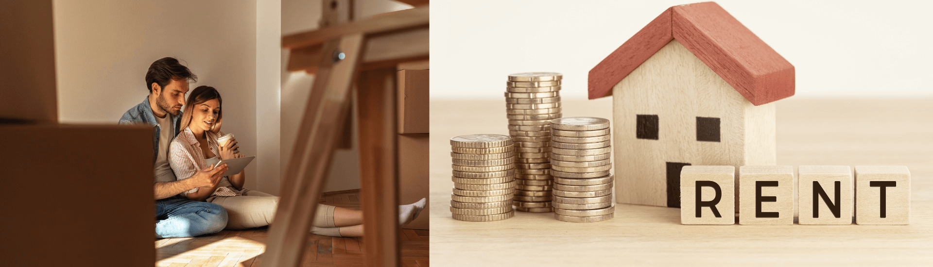 Coppia valuta un annuncio immobiliare sul tablet con a fianco l'immagine di una casa in miniatura e monete, simbolo dell’affitto con riscatto