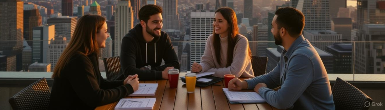 Quattro studenti universitari sorridenti seduti a un tavolo su un terrazzo, a rappresentare il bonus affitto studenti fuori sede 2025
