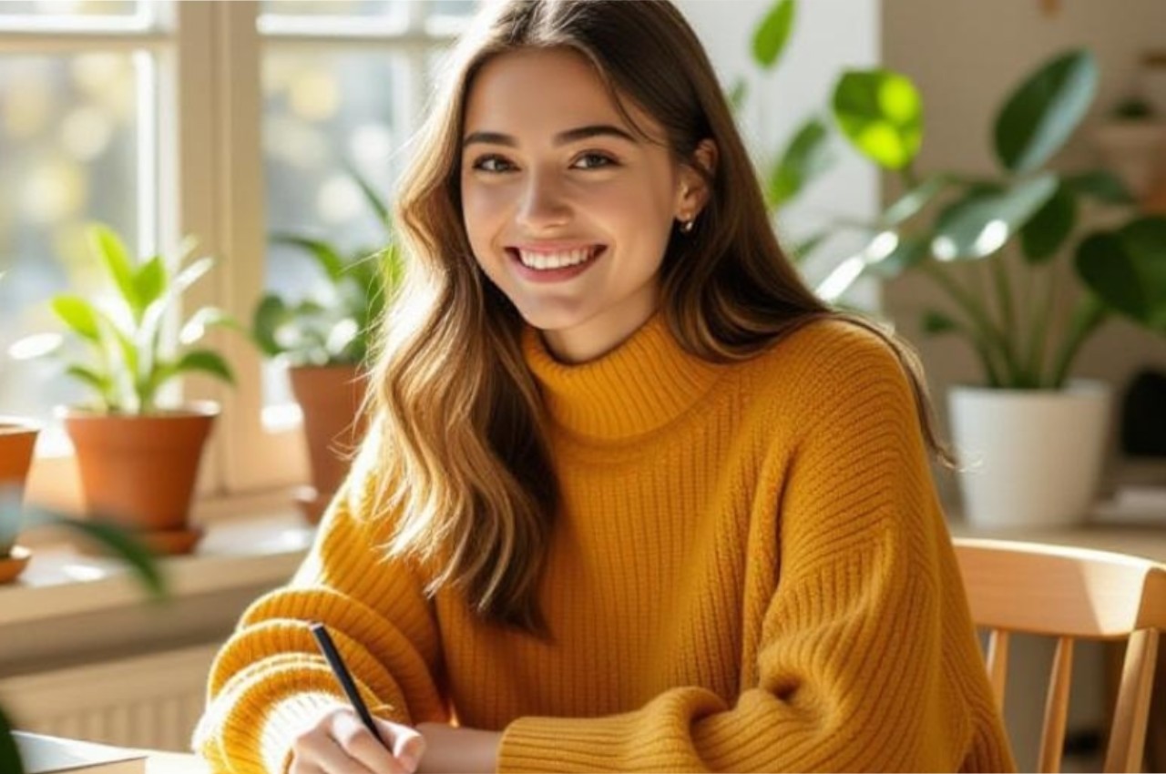 Ragazza sorridente che studia in un appartamento, simbolo del bonus affitto studenti fuori sede 2025