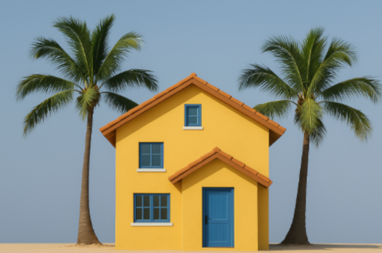 Miniatura di una casa vacanze tra due palme, simbolo di alloggio turistico affittato da privati