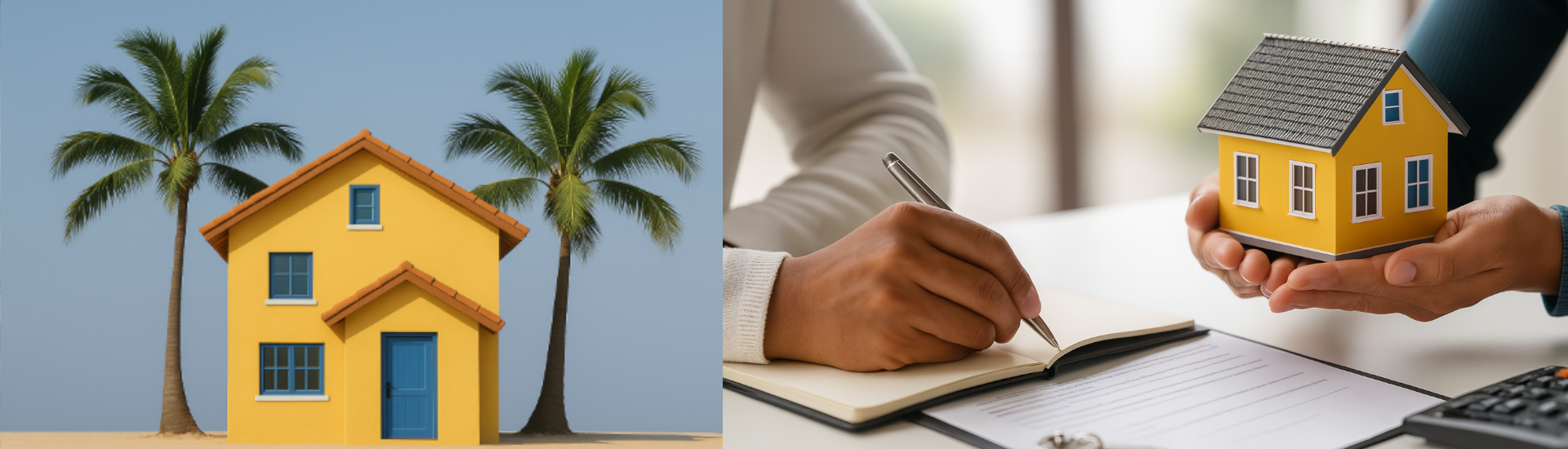 Miniatura di una casa tra due palme accanto a un contratto pronto per la firma, simbolo dell'affitto di case vacanze da privato