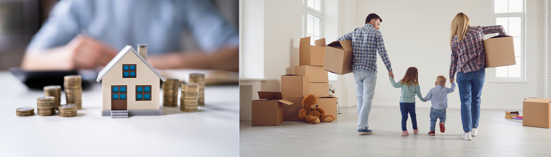 Casa in miniatura con monete accanto a famiglia con bambini che entra in una nuova abitazione con scatoloni, a rappresentare il rapporto tra locatore e locatario