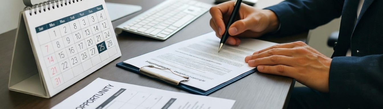 Scrivania con calendario e documenti pronti per la firma, a rappresentare il rinnovo del contratto di locazione.