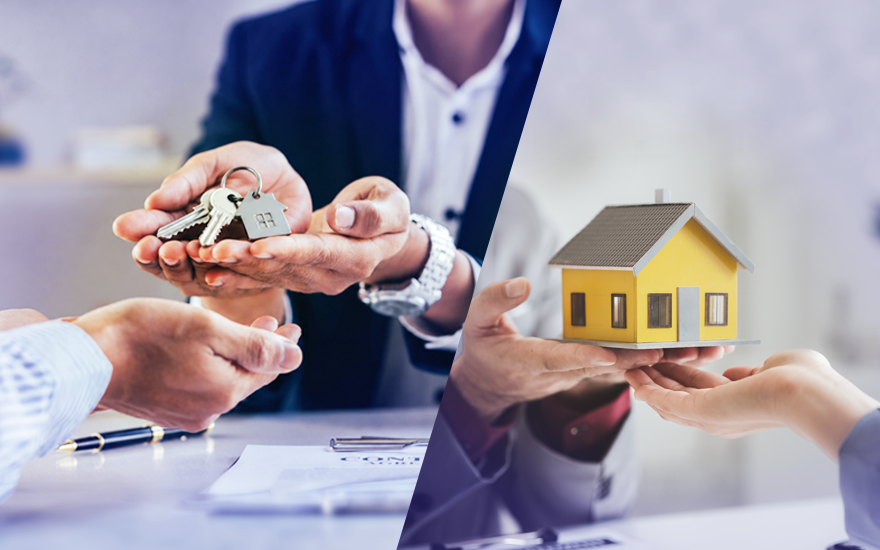 Consegna delle chiavi e modellino di casa passato di mano, situazione che richiama il tema affittare o vendere casa. 