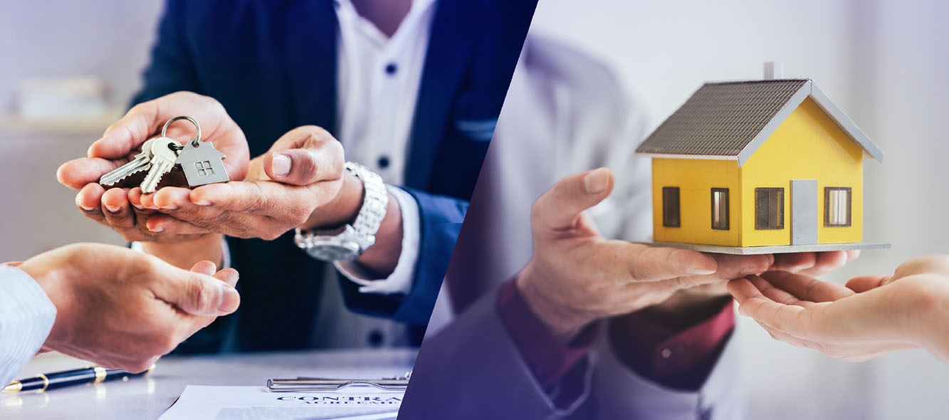 Chiavi consegnate alla firma e casa in miniatura offerta a un acquirente, contesto legato alla domanda se convenga affittare o vendere casa. 
