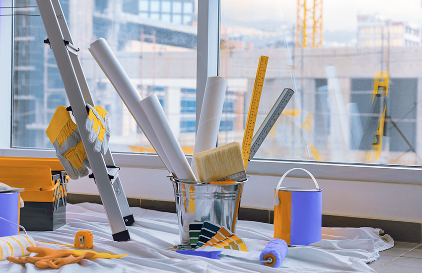 Strumenti per tinteggiare e rinnovare casa, rappresentazione di lavori domestici agevolati dal bonus ristrutturazione