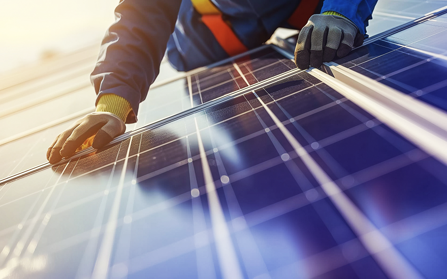 Tecnico al lavoro durante il montaggio di pannelli, soluzione energetica legata alla transizione delle case green 2030