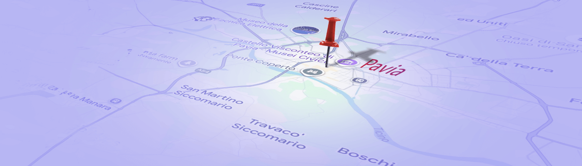 Cartina con segnaposto vicino a Pavia, rappresentazione delle delle città con affitti più bassi nel nord Italia