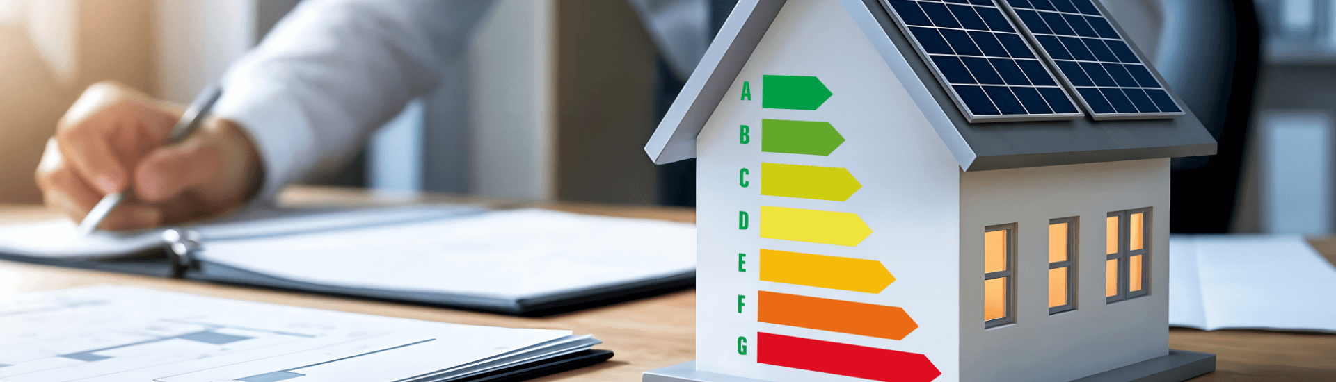 Modello in miniatura di una casa con sopra una scala energetica dalla lettera A alla G, simbolo delle certificazioni obbligatorie per affittare un immobile