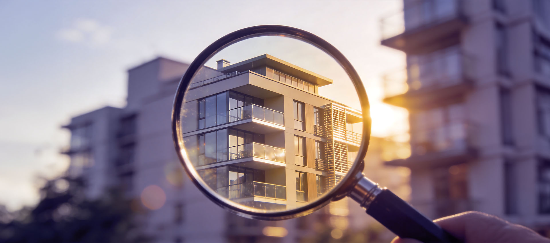 Palazzo residenziale osservato attraverso una lente di ingrandimento, verifica dell'immobile prima del subentro nel contratto di affitto.